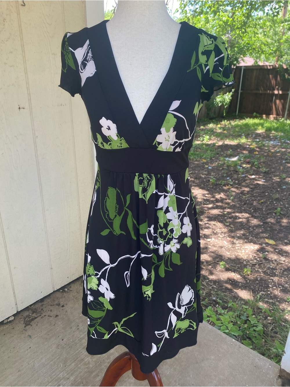Speecklers Black Floral V-Neck Women's Dress with Green and White Print
